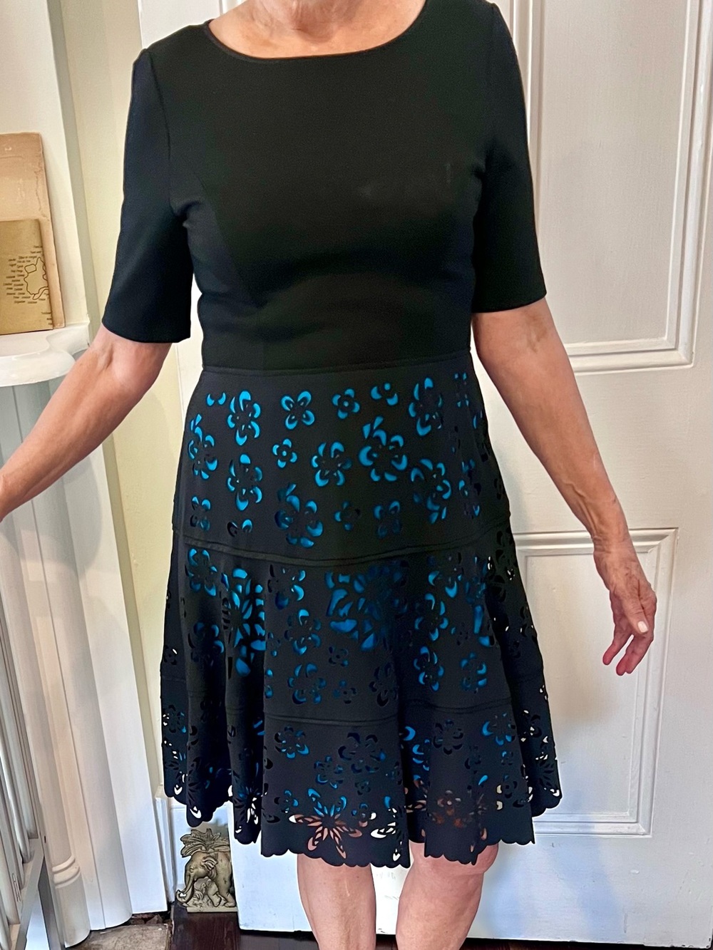 Shani Dress in Black - Fit ‘n
flare with Gorgeous Laser-Cut Skirt